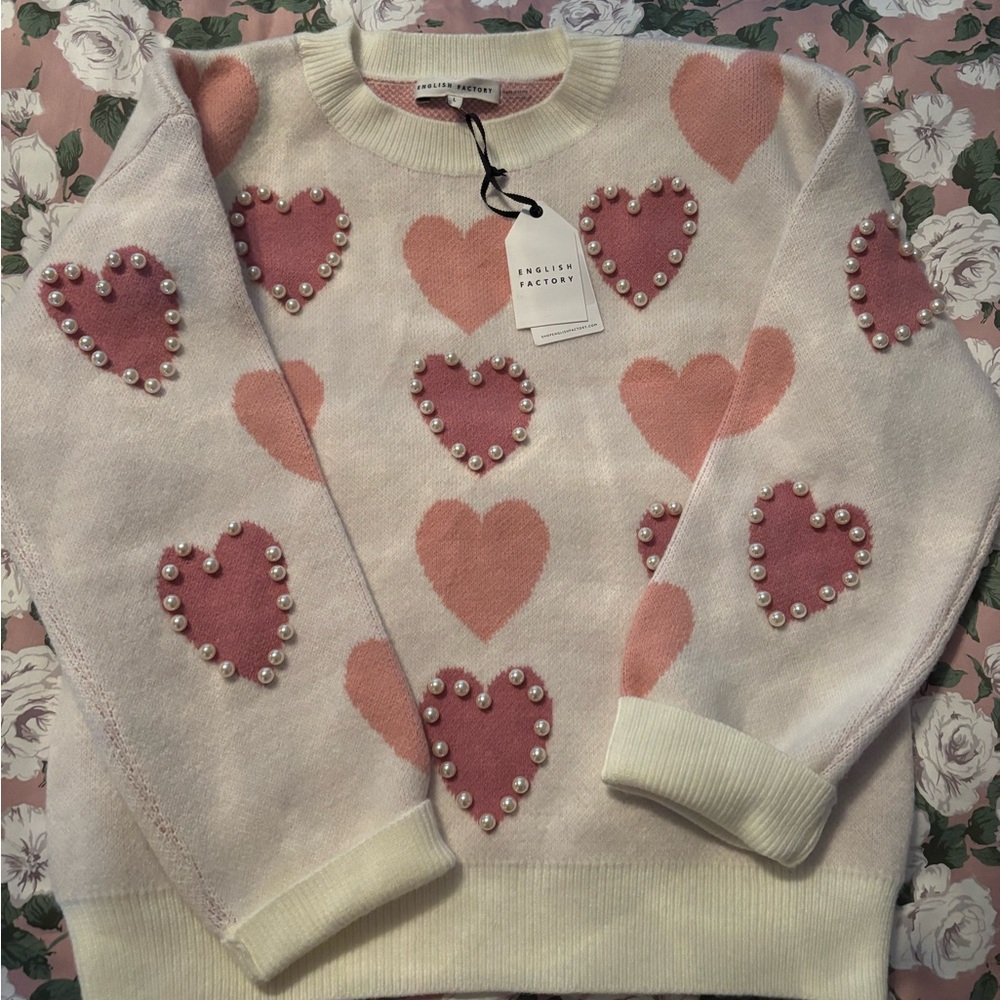 English Factory Pink and Cream Heart Knit Sweater